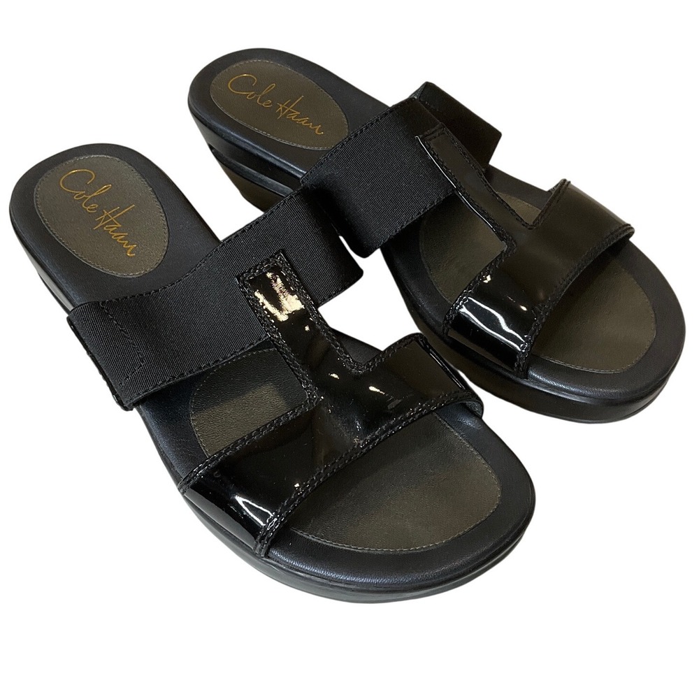 Cole Haan Air G Slip On Slide Sandals Wedge Black 8 Dual Strap Patent Leather